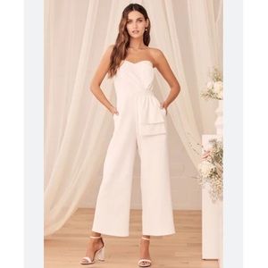 Lulus Won A Heart White Strapless Wide Leg Cropped Jumpsuit M